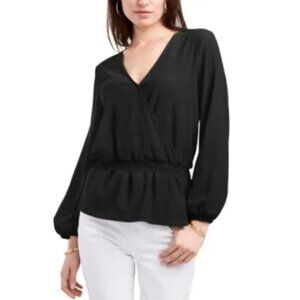 VINCE CAMUTO Womens Black Textured Long Sleeve V Neck Faux Wrap Peplum Top S